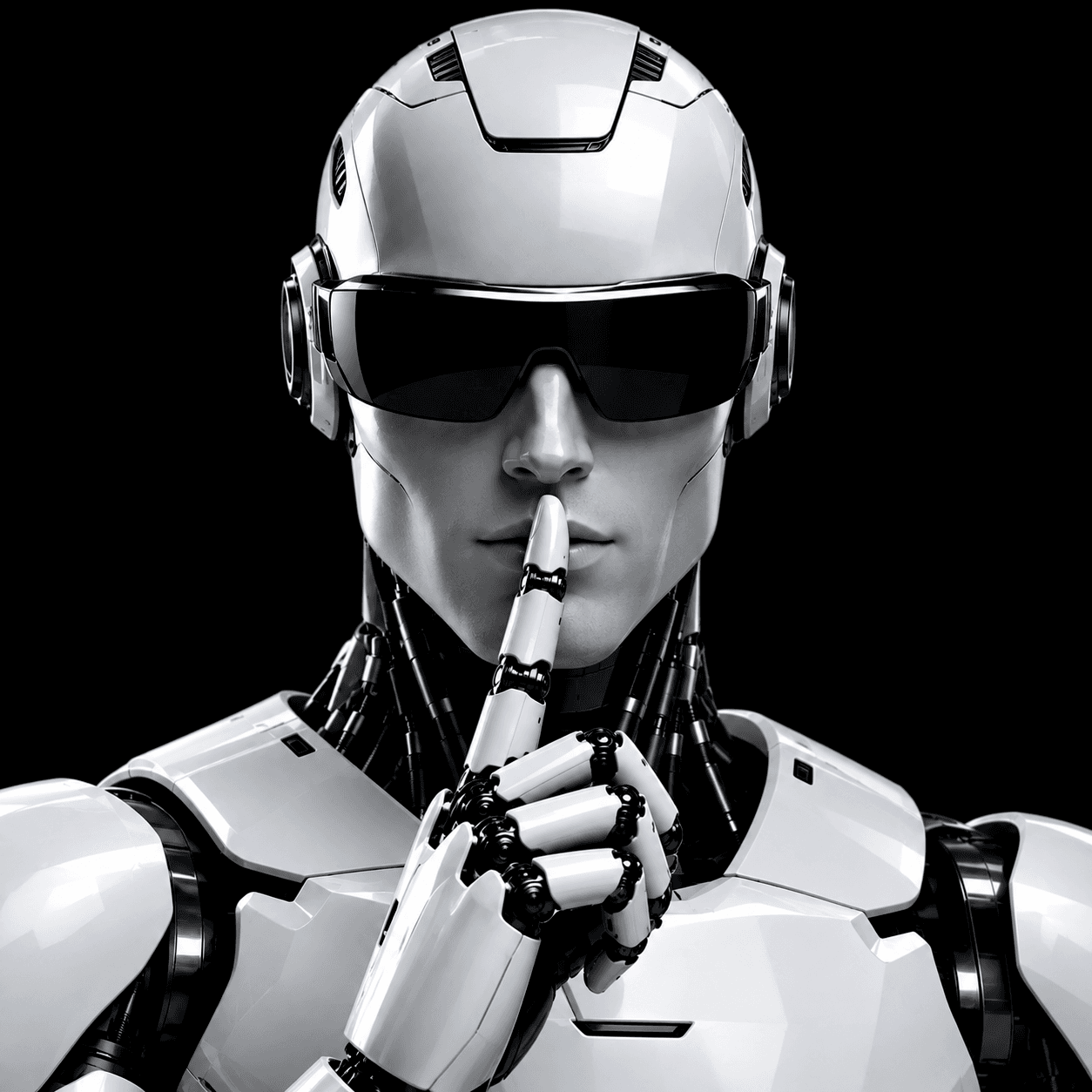 Robot holding a finger to its lips: shhh